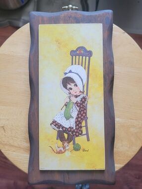 Vintage 1970's "Big Eyes" Girls Lithos On Wood Wall Plaques. NY. Ward. Set Of 2.
